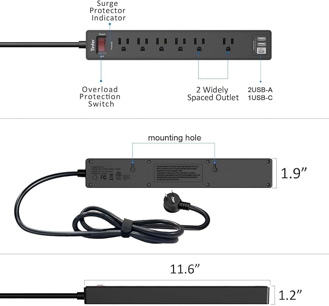 6Ft Power Strip Surge Protector - Yintar Extension Cord with 6 AC Outlets and 3 USB Ports for for Home, Office, Dorm Essentials, 1680 Joules, ETL Listed, (Black)