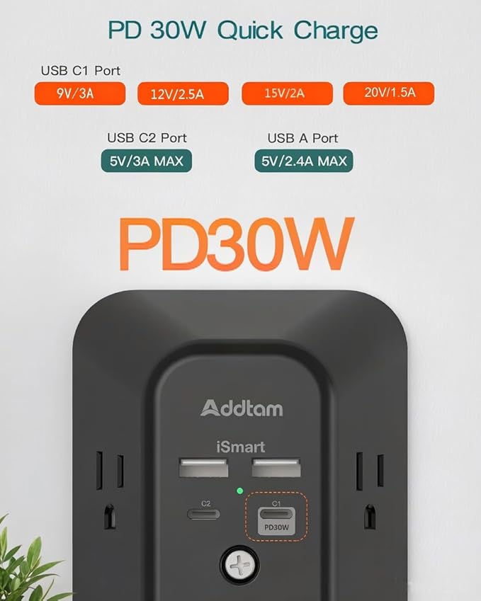Addtam 5-Outlet Extender Surge Protector, Multi Plug Wall Outlet with 4 USB Wall Charger(PD 30W), Plug Extension Outlet 1800J, Outlet Splitter Power Strip for Home Office Dorm Room Essentials, Black