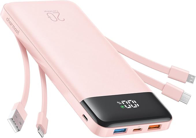 charmast 20000mAh Portable Charger with Built in Cables, 22.5W Travel Power Bank Fast Charging, USB C Cell Phone Battery Pack for iPhone 17/16/15/14/13/12 Series, iPad, Samsung, Android, Tablet