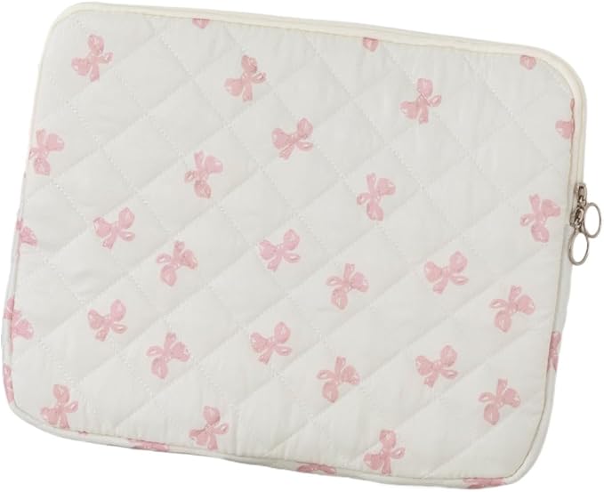 Cutecore Bow Puffy Quilted Laptop Sleeve Y2K Preppy Tablet Protective Case Girly Coquette Aesthetic Notebook Pouch (Pink,11 inch)