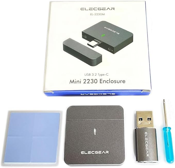 ElecGear Mini 2230 NVMe Enclosure, USB Type-C 3.2 External Hard Drive Aluminum Case for 30mm PCIe M.2 SSD, 10Gbps USB Flash Drive Memory Reader with Magnet Cap