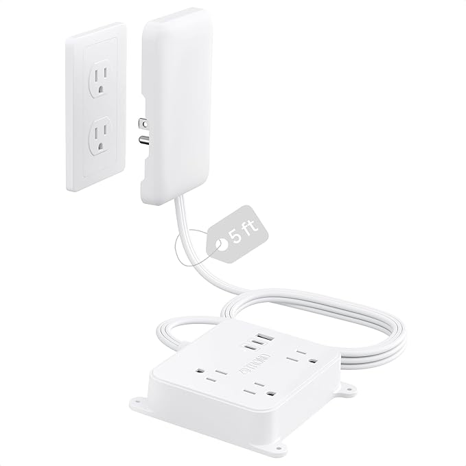 TROND Flat Outlet Cover Extension Cord, 3 AC Widely Spaced with 2 USB C Charger, 5FT Plug Concealer Power Strip, Wall Mount Behind TV, Hidden Under in-Drawer Desk Cabinet Vanity Counter
