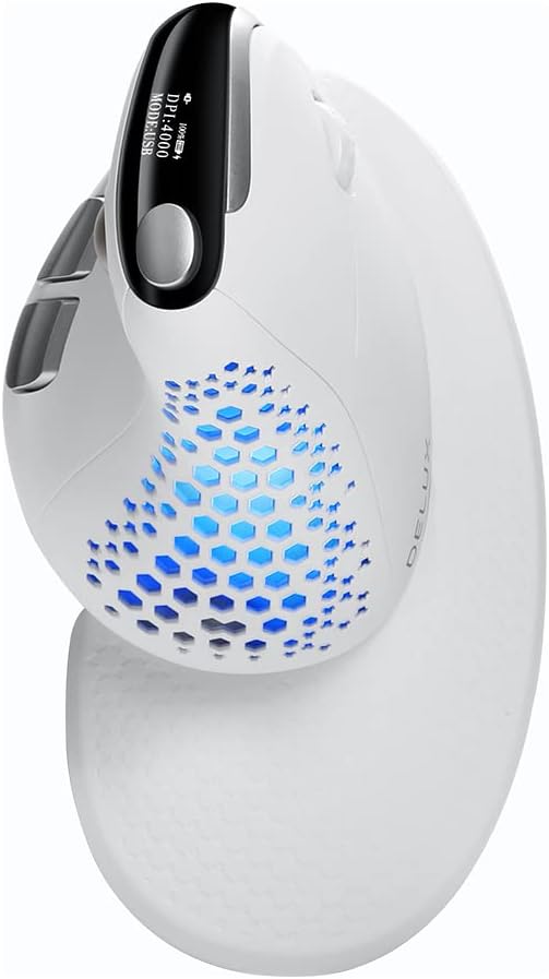 DELUX Seeker Ergonomic Mouse Wireless, Vertical Mouse with OLED Screen, 6 Buttons&Thumb Wheel Function, Silent Click, Up to 7200DPI, Programmable, Rechargeable, BT/2.4G/Wired, RGB Light(M618XSD-White)
