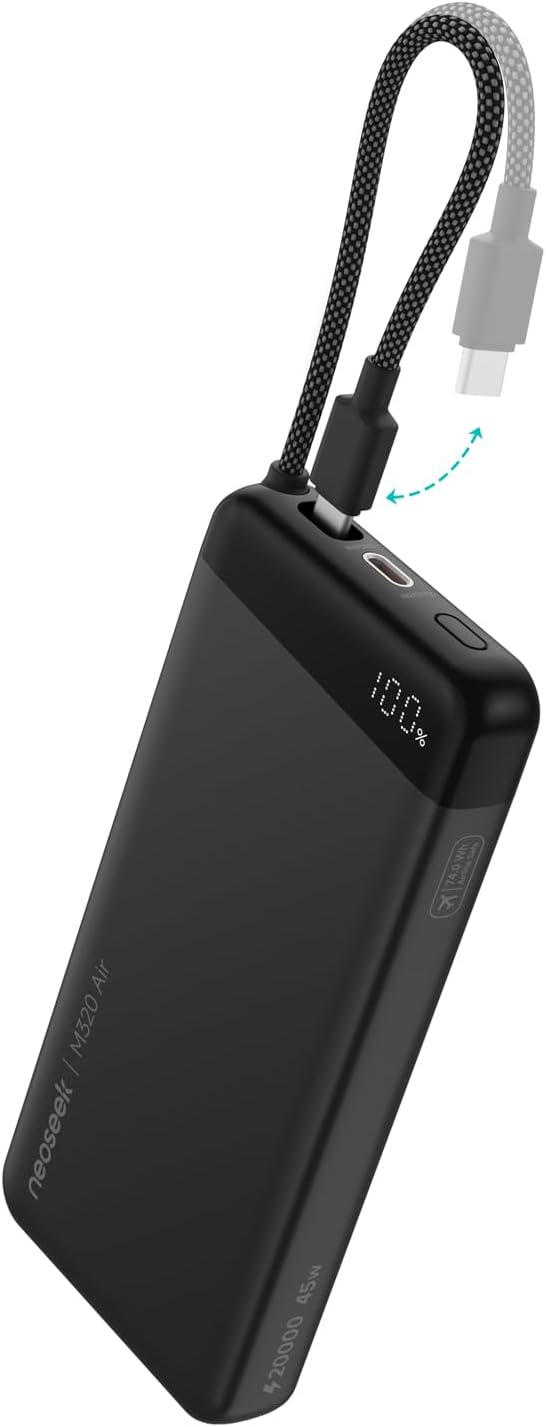 Ultra-Thin 20,000mAh Power Bank, 45W Max Fast Charging Battery Pack, Built-in USB-C Cable for iPhone 17/16 Series, Galaxy, MacBook, and More