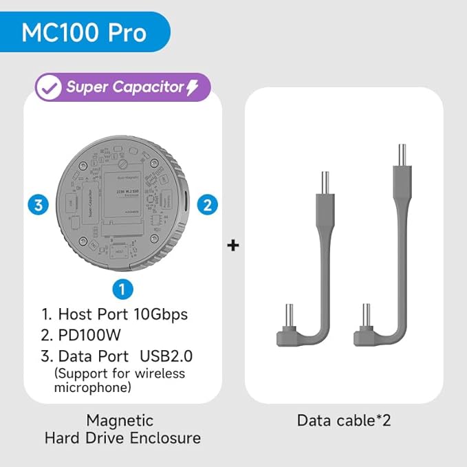 Hagibis Magnetic M.2 2230 NVMe SSD Enclosure with Magsafe for iPhone 17 16 15 Pro Max ProRes, 10Gbps USB C to NVMe Adapter, 100W PD, USB C, External SSD Case for MacBook, iPad Pro(MC100 Pro)