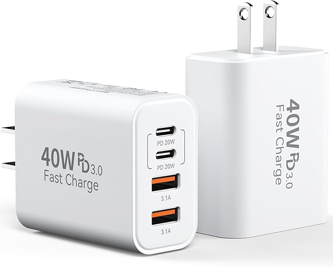 USB C Charger Block, 40W 4 Ports Type C Fast Phone Charging Blocks Cube PD USBC Wall Plug+QC 3.0 USB A Charger Brick Box Power for iPhone 17/16/15/14/13/12 Pro Max, iPad, Samsung Galaxy, Pixel, 2Pack