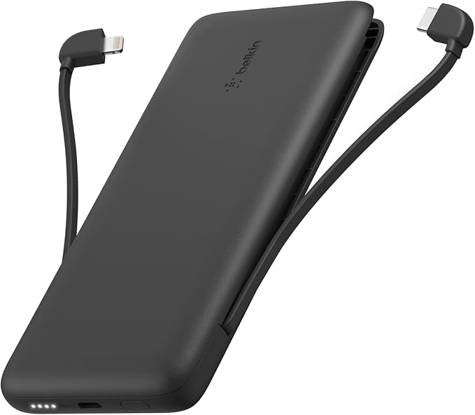 Belkin Portable Charger Power Bank for iPhone/Android (10,000mAh), 23W Battery Pack with Integrated USB-C, Lightning Cables, Pass-Through Capability, Charge 2 Devices at Once, Phone Charger Power Bank