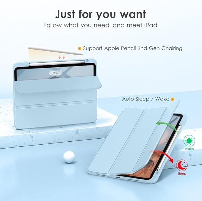 VIKESI for iPad Pro 11 Inch 4th/3rd/2nd/1st Generation Case, iPad Air 11-inch / 5th / 4th Generation Case with Clear Back,Pencil Holder,Auto Sleep/Wake,Camera Protection,Ice Blue