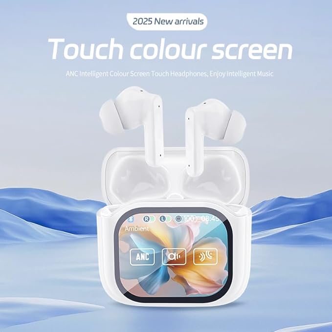 AI Translation Earbuds Real Time Bluetooth 5.4 Wireless Earbuds with LCD Full-Color Touch Screen ANC+ENC Noise Canceling Mic Stereo Bass Earphones for Meeting/Music/Sports/Running