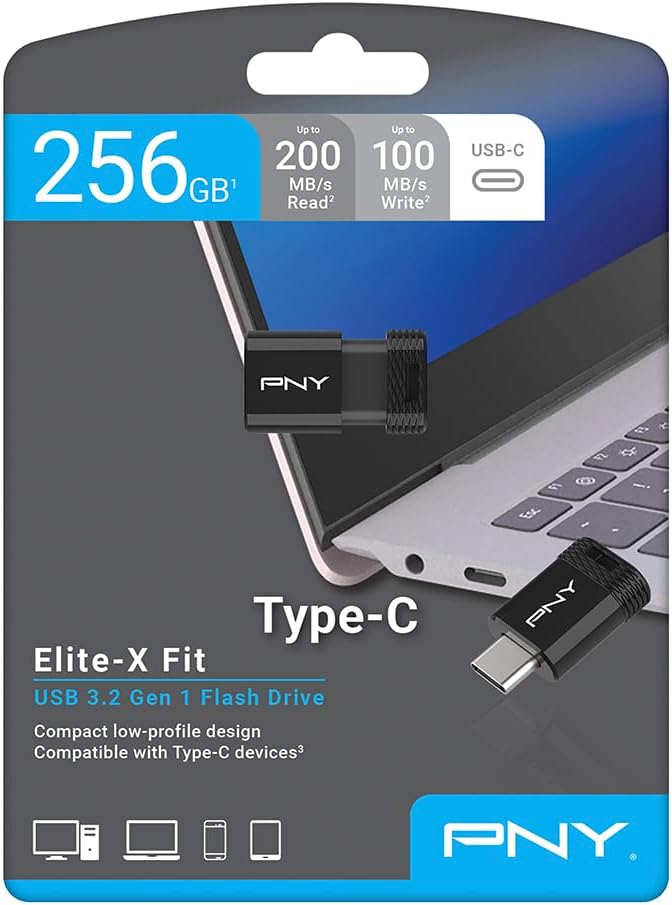PNY Elite-X Fit Type-C 256GB USB 3.2 Flash Drive – Up to 200MB/s Read, Up to 100MB/s Write, Advanced Performance, Convenient Portable Data Storage, Ultra Compact Fit Design, Type-C Connector