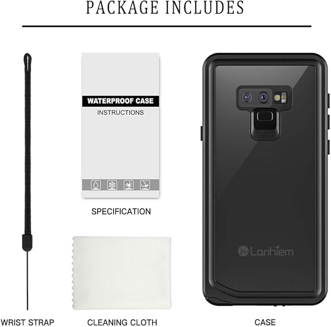Lanhiem Galaxy Note 9 Phone Case, IP68 Waterproof Dustproof Shockproof Case with Built-in Screen Protector, Full Body Sealed Underwater Protective Clear Cover for Samsung Galaxy Note 9 (Black/Gray)