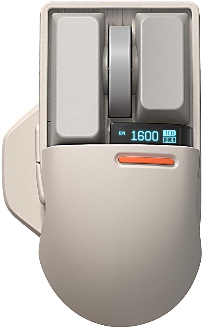 LOFREE Touch PBT Wireless Mouse with USB Receiver, Bluetooth, Wired Connection, Rechargeable, 4000 DPI with OLED Screen Compatible with Glass Surface for Mac Windows PC Notebook/Block Retro Grey
