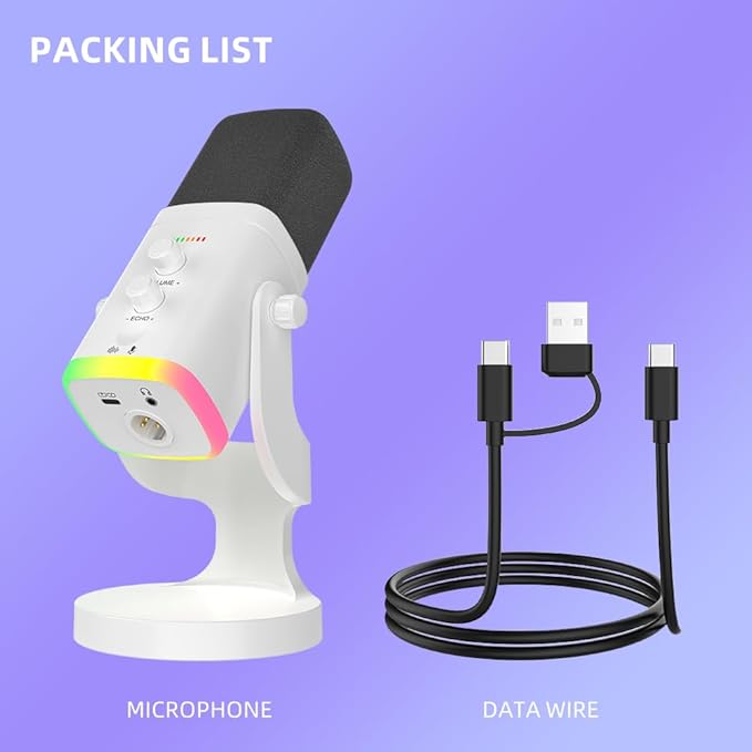 YU8-white Dynamic Microphone - USB/XLR RGB Mic with Echo Adjustment, Mute Key & Monitoring Jack, Desktop Microphone for PC Gaming, Streaming & Chat