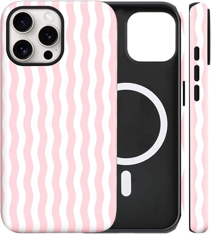 Magnetic for iPhone 13 Pro Max Case Cute Wavy Stripes Phone Case, Shockproof Slim TPU and Hard PC Protective Phone Cover Compatible with MagSafe Designed for Women Girls, Pink