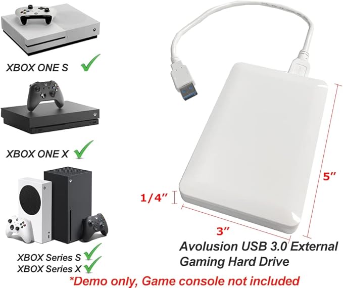 Avolusion 1TB USB 3.0 Portable External Gaming Hard Drive (for Xbox One X, S & Series X|S - Pre-Formatted) White