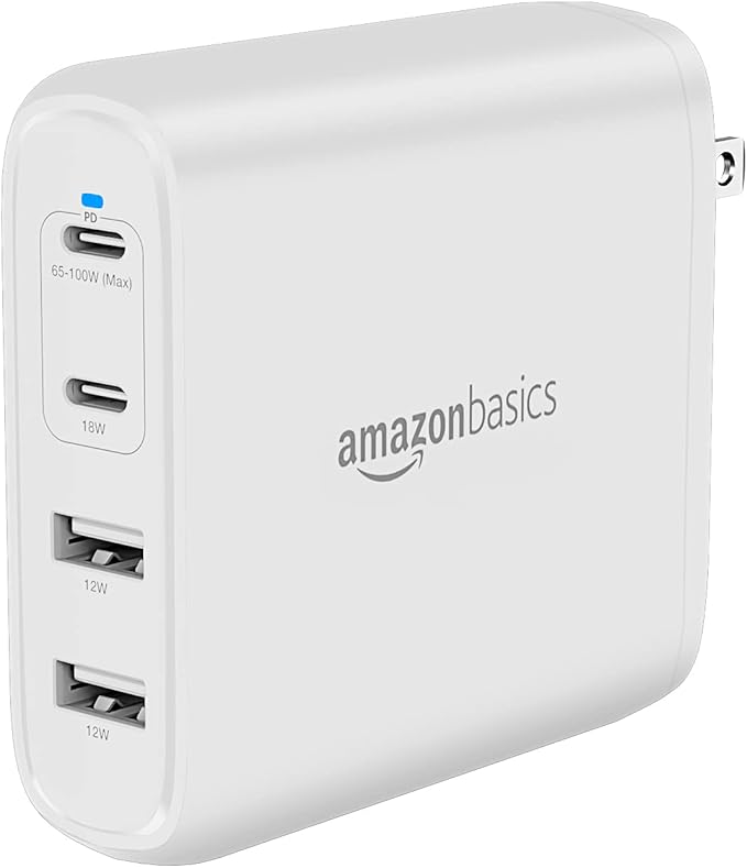 Amazon Basics 100W Four-Port GaN Wall Charger with 2 USB-C (100W, 18W) & 2 USB-A Ports (12W), PD 3.0, Foldable Plug, Portable Multi-Device Charging for Laptops, Tablets & Phones, White