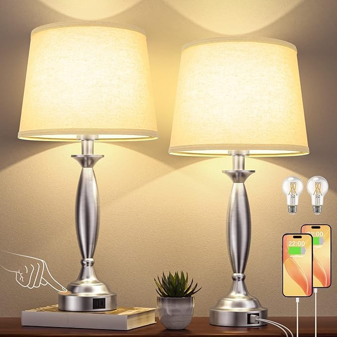 Seealle Beige Lamps for Bedrooms Set of 2 - Touch Control Bedside Lamp with USB C+A, 3 Way Dimmable Nightstand Lamps with USB Port, Table Lamp for Living Room(Beige Shade and Nickel Base)