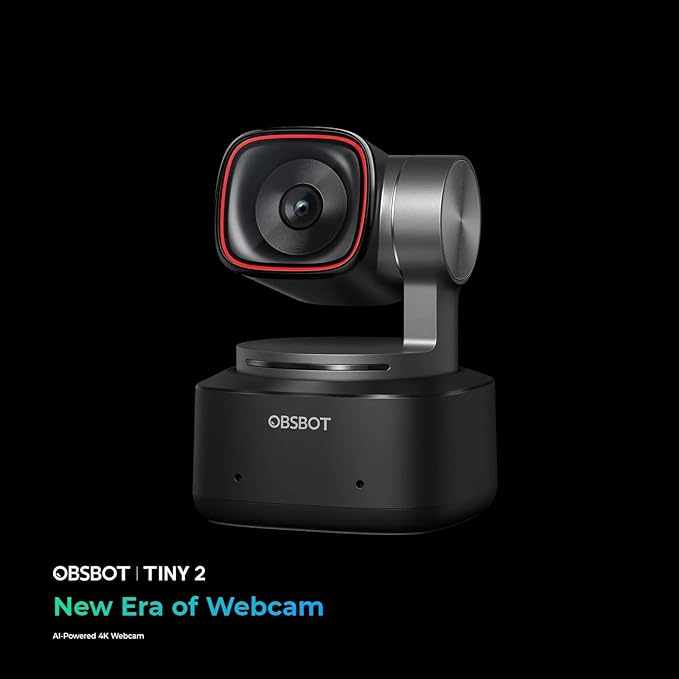 OBSBOT Tiny 2 AI Webcam 4K, 1/1.5" Sensor, 60FPS, Auto Focus & HDR | PTZ Voice/Gesture Control, AI Tracking | Ideal for Streaming, Meetings, PC (USB Web Camera)
