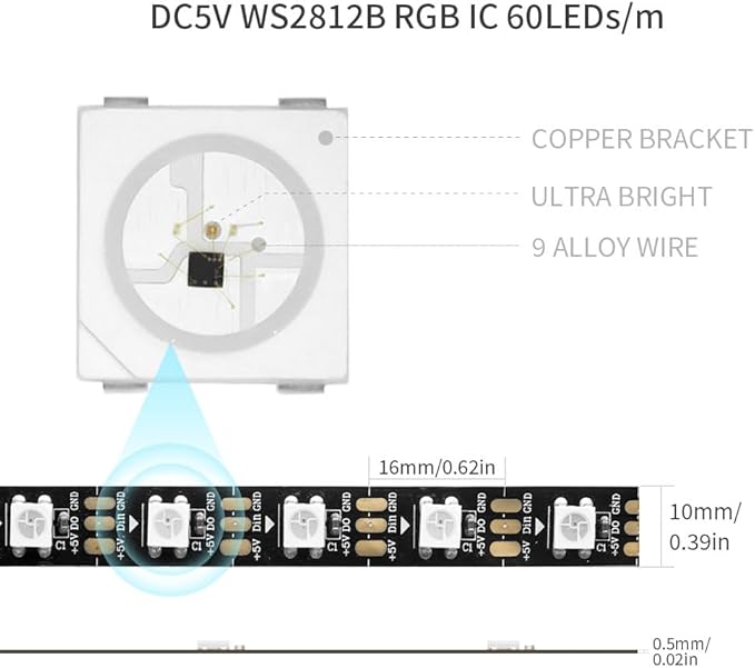 WS2812B IC RGB 5050SMD ECO Individual Addressable LED Strip Light, 16.4FT 300LED 60LED/m Flexible Full Color IP65 Waterproof DC5V Black PCB for DIY Project (No Power Adapter or Controller)