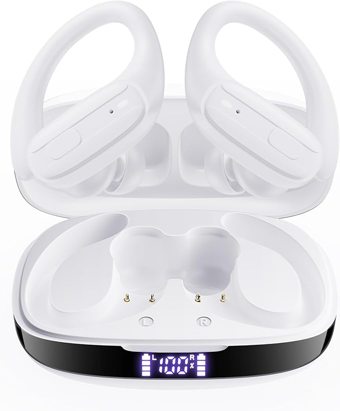 LEEMC Wireless Earbuds, Bluetooth Headphones 5.4, Ear Buds with Hooks for Sports, 80Hr Playtime Earphones, LED Display, IPX7 Waterproof Headset for Workout Running, Ivory