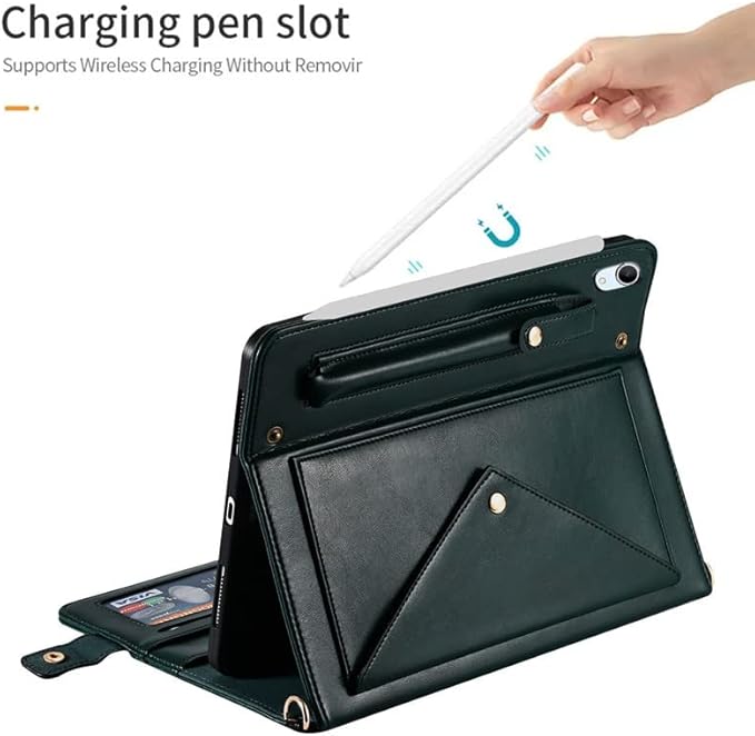 Handbag Case for iPad Mini A17 Pro (2024/2021), Techcircle Folio Stand PU Leather Crossbody iPad Mini 7/6 Cover with Pencil Holder+Card Slots Wallet Case with Shoulder Strap+Hand Strap, Midnight Green