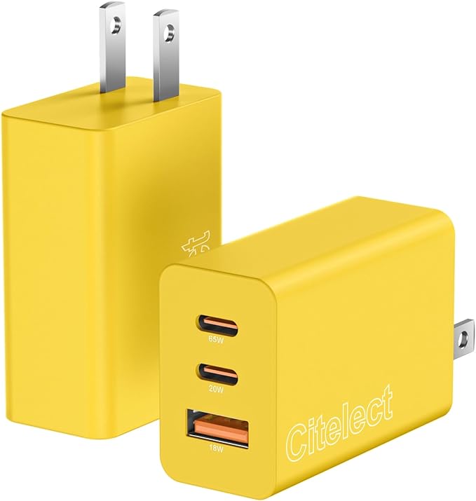 2Pack 65W USB C Charger Block, 3Port Fast Charging Adapter,Type C Fast Charging Blocks Cube PD USBC Wall Plug+QC3.0 USB A Charger Brick for MacBook Pro/Air,iPad,iPhone17/16,Samsung S26/S25&More-Yellow