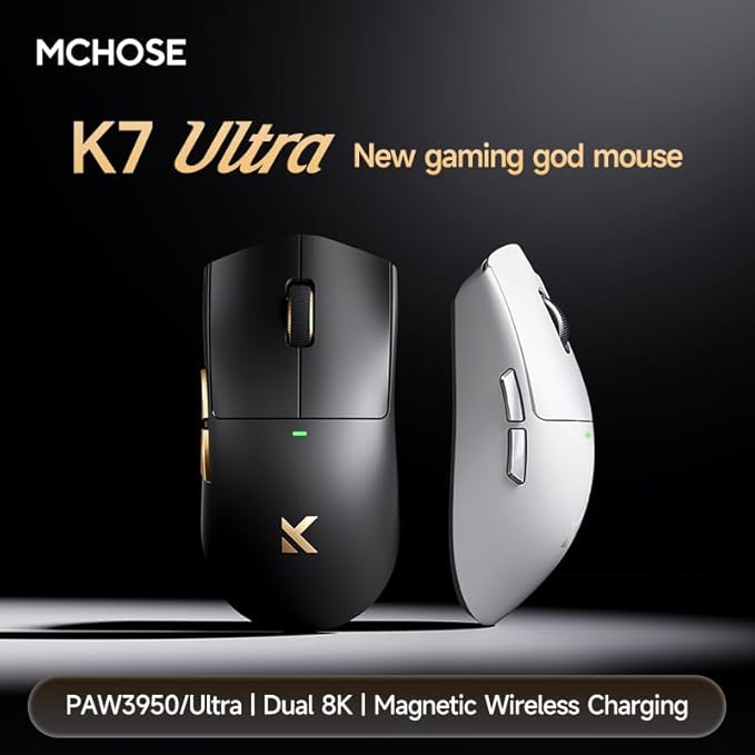 Hyekit MCHOSE K7 Ultra Wireless Esports Gaming Mouse with Magnetic Charging Dock, PAW3950 Optical Sensor, Dual 8K Polling, 42K DPI, 59g Lightweight, 5 Programmable Buttons, 130 Hr Battery (Black)