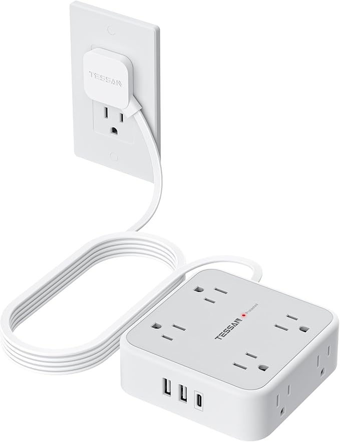 TESSAN Surge Protector Power Strip, 10 Ft Flat Plug Extension Cord with 3 USB (1 USB C) 8 Outlets, 1250W, 900J Protection, 3 Sided Outlet Extender with Power Switch for Office, Dorm Room, Grey