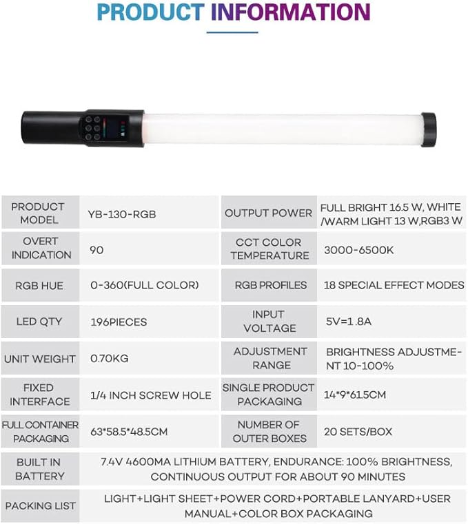 REFLEX CAMERA RGB Handheld Portable LED Light Stick - 3000K-6500K Adjustable Color Temp, Vibrant RGB Spectrum, Lightweight, Rechargeable, Ideal for Photography & Video, Easy Controls