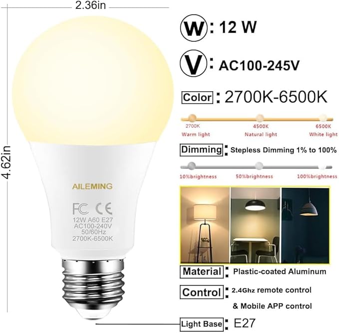 LED Bulb with a 2.4GHz Remote Control, A19 12W Color Changing Smart Light Bulb for Lamp, Bedroom, Mood Soothing,12W 1000lm,100W Equivalent,Dimmable 1% to 100% 2700-6500K,1 Bulb & Remote