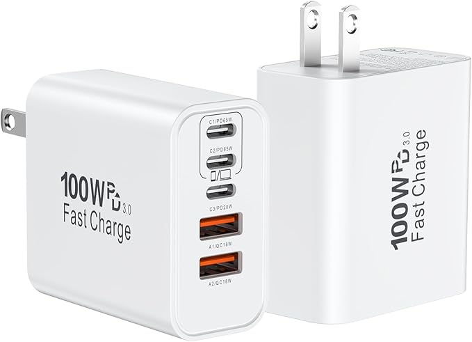 USB C Super Fast Charger Block, 100W USBC Wall Charger Plug, 2Pack 5-Port 65W Type C Phone Charging Cubes Multiport Power Adapter for iPhone 17/16/15/14/13/12 Series,Galaxy S26/S25 Ultra,iPad,Mac Book
