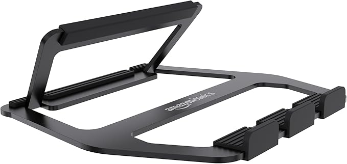 Amazon Basics Aluminum Portable Foldable Laptop Stand with Ventilated Cooling, Anti-Slip Design, Travel-Friendly, for Laptops up to 13", Black