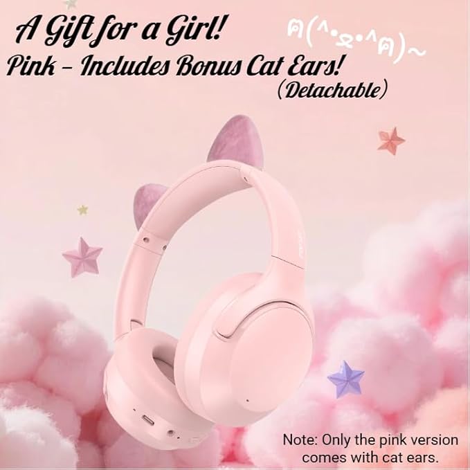 Active Noise Cancelling Headphones, 65H Bluetooth Headphones Custom EQ via App Headphones Wireless with Mic, Bluetooth 6.0 Detachable Cat Ears Foldable Headsets for Commuting Travel Work Home (Pink)