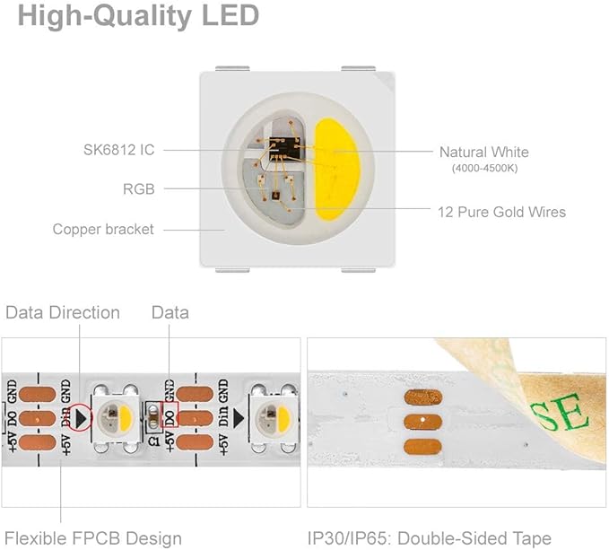 BTF-LIGHTING RGBW RGB+Natural White SK6812 (Similar WS2812B) 4 Colors in 1 LED Strip Individually Addressable 16.4ft 60Pixel/m 300LED Light Dream Color IP30 DC5V White PCB (No Adapter or Controller)