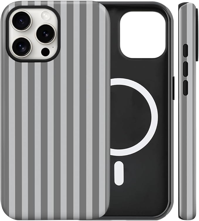 Magnetic for iPhone 15 Case Cute Stripes Phone Case, Shockproof Slim TPU and Hard PC Protective Phone Cover Compatible with MagSafe Designed for Women Girls, Gray