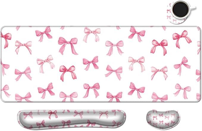MIBITRI Keyboard Mouse Pad Set, Extended Gaming Mouse Pad+Ergonomics Keyboard Wrist Rest Support, Memory Foam, Easy Typing Pain Relief, 4Pcs XXL Ultra Thick Desk Mat, Pink Bows