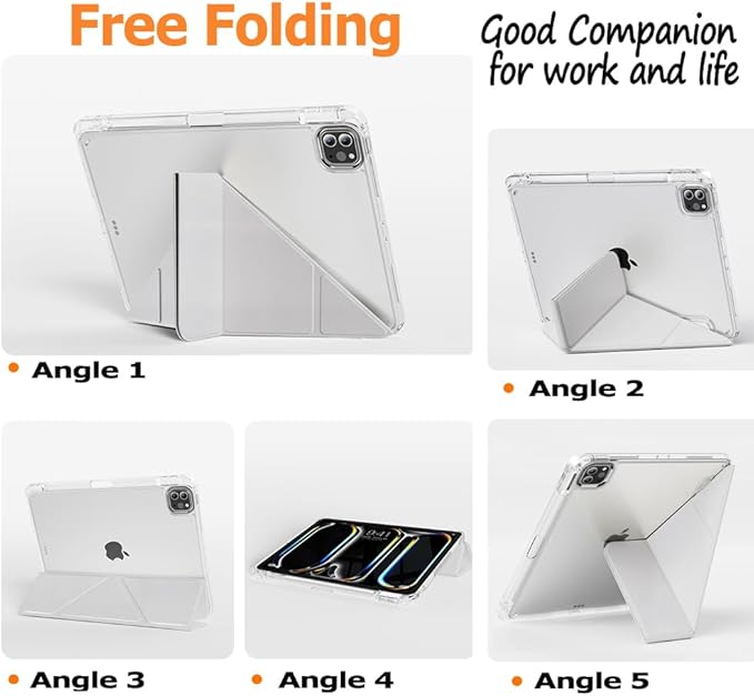 Case for iPad Pro 11 Inch 4th/3rd/2nd Generation (2022/2021/2020) with Pencil Holder, Multi-Angle Trifold Stand, Auto Wake-Sleep, Protective Clear Acrylic Backshell, Slim Smart Cute Cover (Grey)