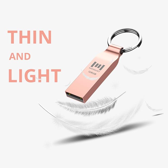 MOSDART Waterproof 128GB USB2.0 Flash Drive, exFAT Metal Memory Stick with Keychain, for System Back, Data Storage, Rose Gold