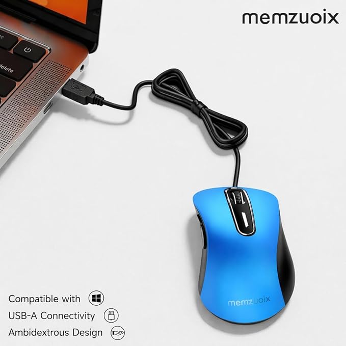memzuoix Wired Mouse, USB Computer Mouse 1400 DPI Mobile Optical Mouse Ergonomic Design Computer Mice with 5FT Cord for Laptop, PC, Desktop, MacBook, 5 Buttons (Blue)