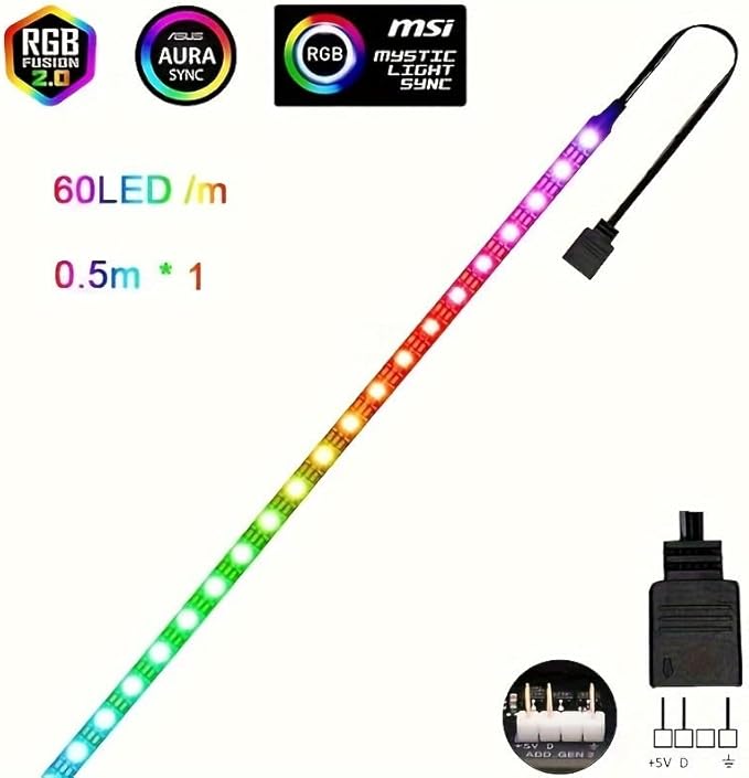 RGB Strip Light for PC Case, 19.7in 30LEDs Addressable LED Strip for Motherboard 5V 3-Pin Header Gaming Case DIY Lighting