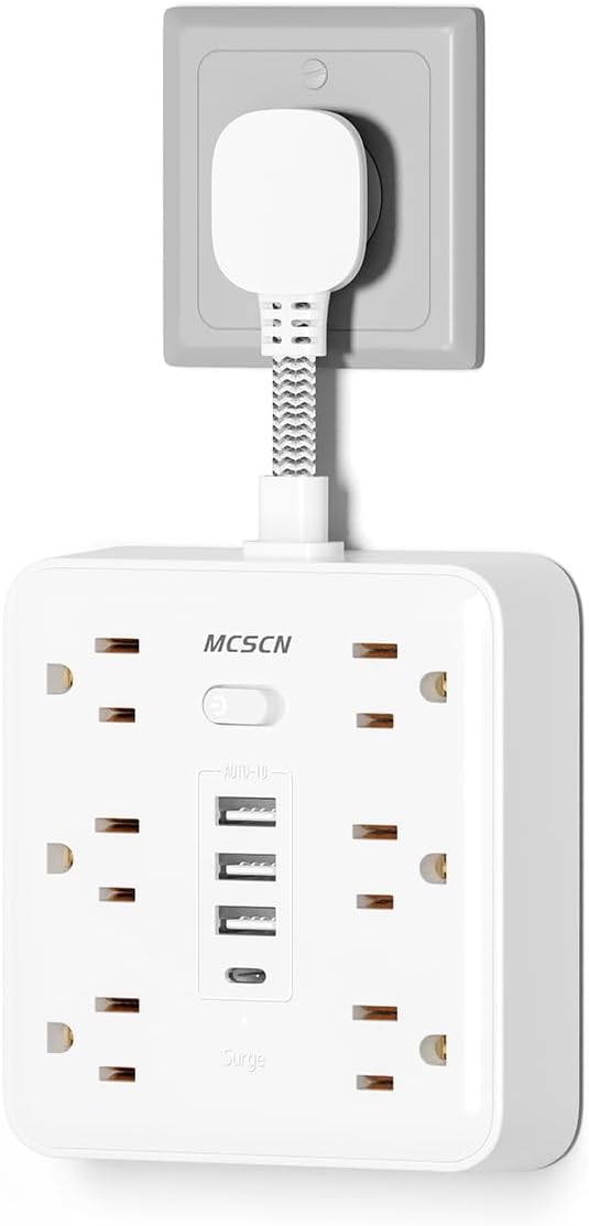 Portable Slim Flat Plug Surge Overload Protector Power Strip Wall Outlet with 6 AC Power Outlets 4 USB(1C) for Home Office Dorm Travel Essentials Fire and Reach 100-125V 15A 1875W UL