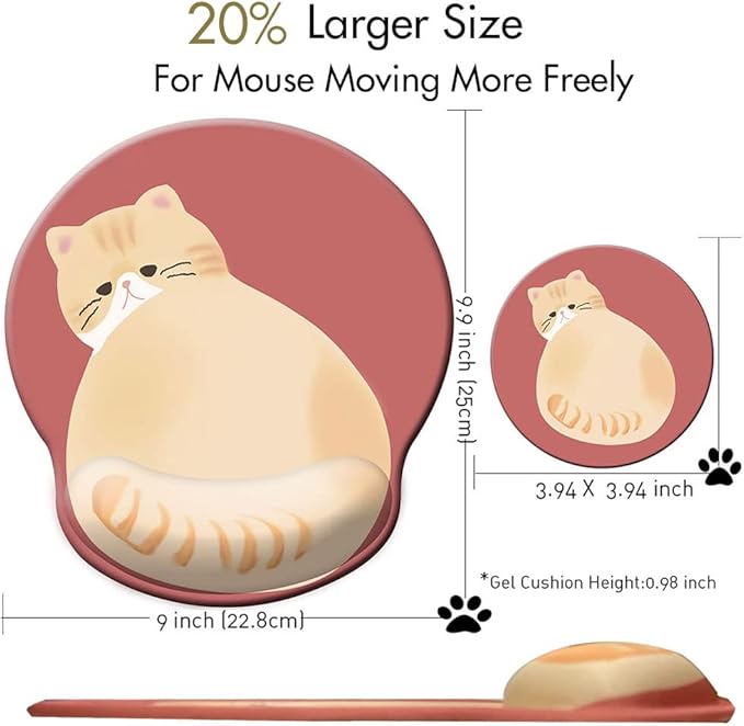 Cute Ergonomic Mouse Pad Wrist Support,[ 20% Larger] Game Wrist Rest Non-Slip Gel Anime Kawaii 3D Red Mouse Pads Rest, Cat Wrist Padwith Coaster,Easy-Typing,Pain Relief, Gaming Work Study Home Office