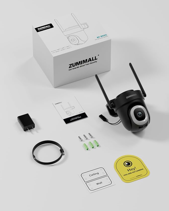 ZUMIMALL 2K Wired Outdoor Camera, 2.4G/5G WiFi Security Camera, 3MP, 24/7 Recording, AI Motion Detection, Cloud & SD Card Storage, 2-Way Audio, 360° PTZ Auto Tracking, Work with Alexa, IP66 (Black)