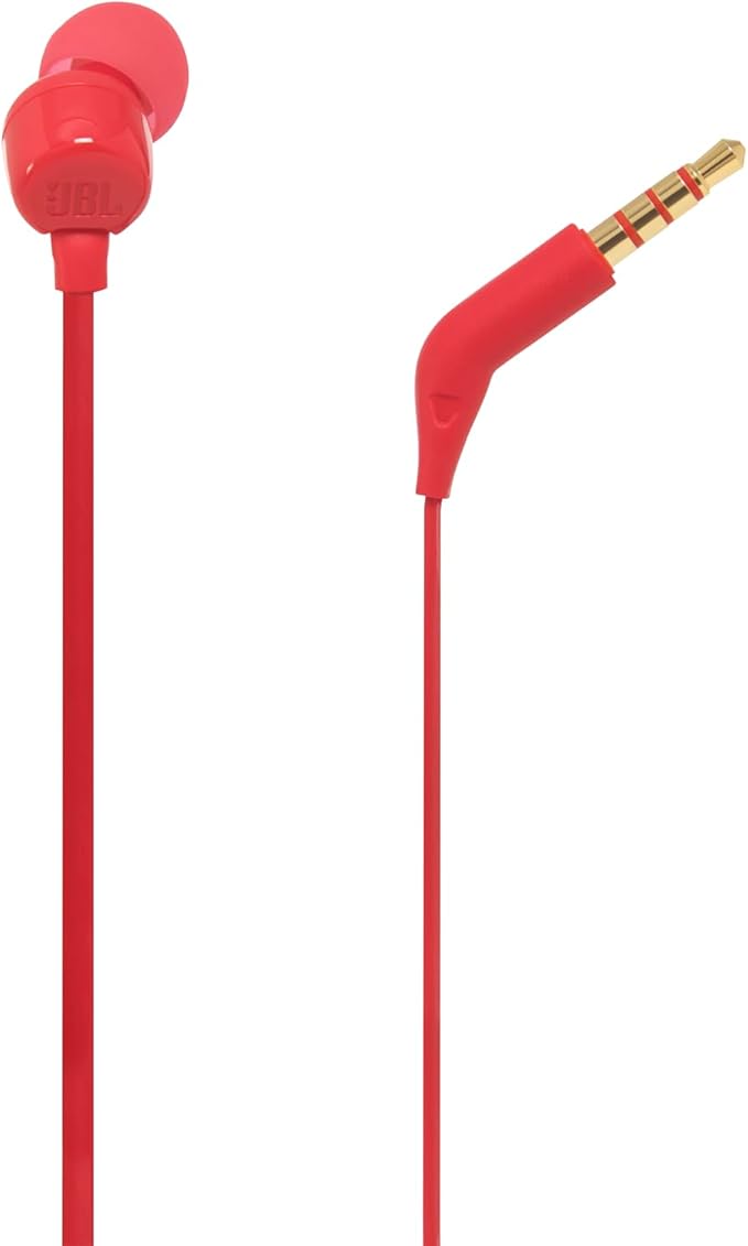 JBL Tune 110 - Wired in-Ear Headphones with JBL Pure Bass Sound, 1-Button Remote, Microphone and Tangle-Free Flat Cable (Red)