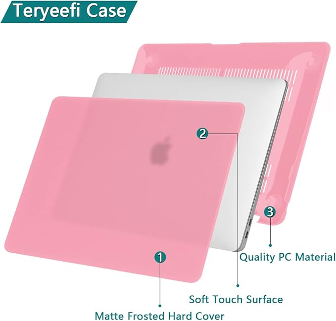 Teryeefi Case for MacBook Pro 13 inch 2022 2021 2020 M1 M2 A2338 A2289 A2251 A2159 A1989 A1706 with Touch Bar & Touch ID, Plastic Crystal Hard Shell & Keyboard Skin for 2016-2019 Mac Pro 13, Pink