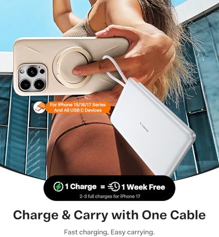 TORRAS Power Bank with Built-in USB-C Cable (No-Wireless), Ultra-Slim 10,000mAh Portable Charger USB C, 22.5W Fast Charging Battery Pack for iPhone 17/16/15 Series, Phone air, Galaxy, Pixel, White