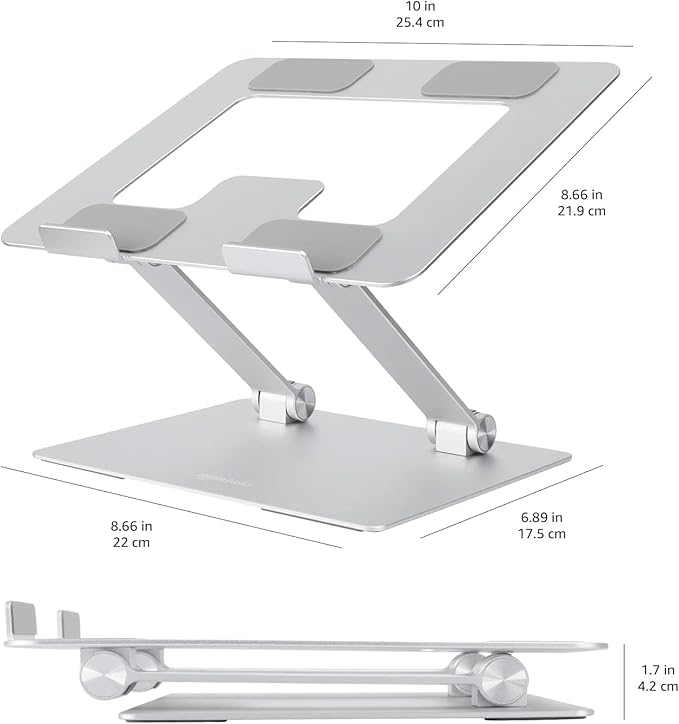 Amazon Basics Sturdy and Portable Ergonomic Laptop Stand for Desk, Height Adjustable Riser with Ventilated Cooling, Foldable, Fits all Laptops up to 15.6 Inch, Silver