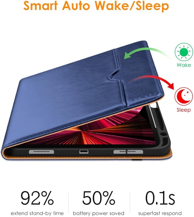 DTTO Case for iPad Pro 11 Inch 4th / 3rd / 2nd / 1st Generation 2022/2021/2020/2018,Premium PU Leather Folio Stand Cover with Hand Strap, Auto Wake/Sleep,Multiple Viewing Angles, Navy Blue