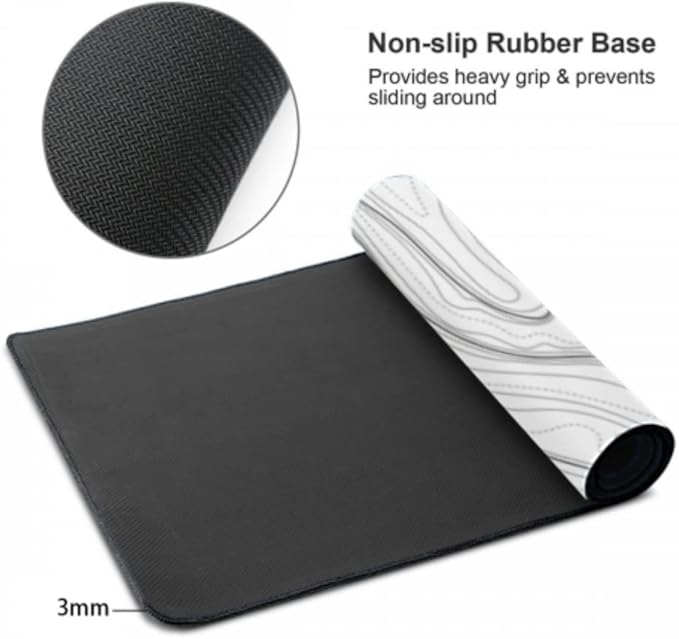 AQQA White Topographic Gaming Mouse Pad XL,35.4" x 15.7" Large Desk Mat,Topo Lines Minimalist Desk Pad for Office Home,Waterproof Rubber Base Extended Keyboard Mat for Laptop,Gamer, Desk Decor
