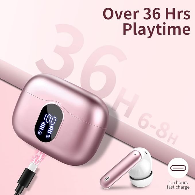 Wireless Earbuds Bluetooth 5.3 Headphones Bass Stereo Ear Buds with Noise Cancelling Mic LED Display in Ear Earphones IP7 Waterproof 36H Playtime for Laptop Pad Phones Sports Workout Pink Gold